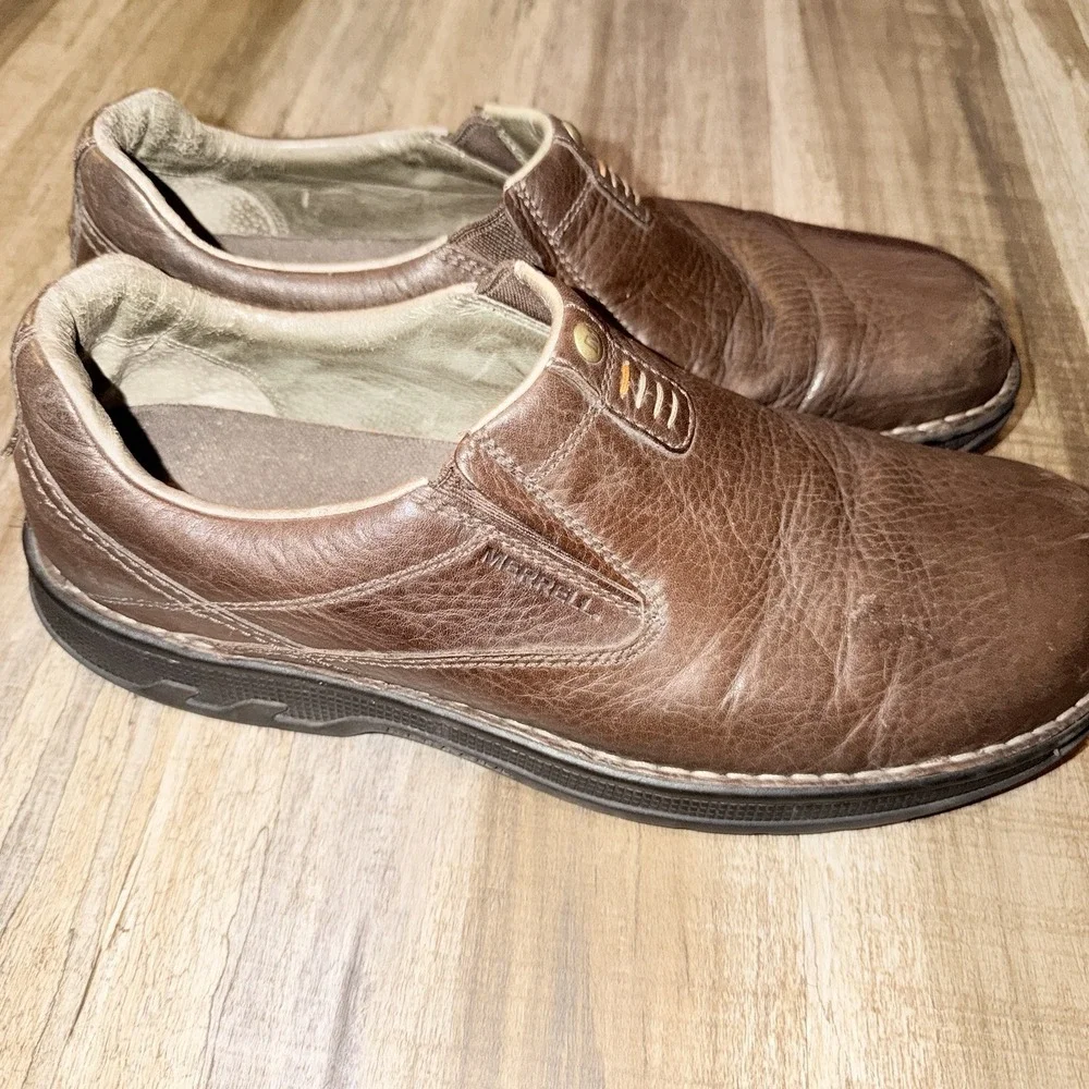 Merrell World Legend Brown Leather Slip On Loafers Mens 13 Comfort Shoes